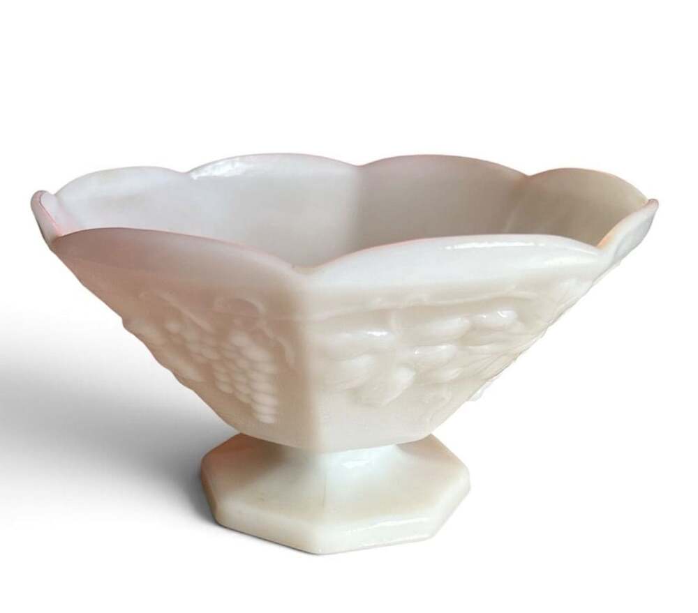 Vintage Anchor Hocking White Milk Glass Pedestal Bowl with Grapevine Design